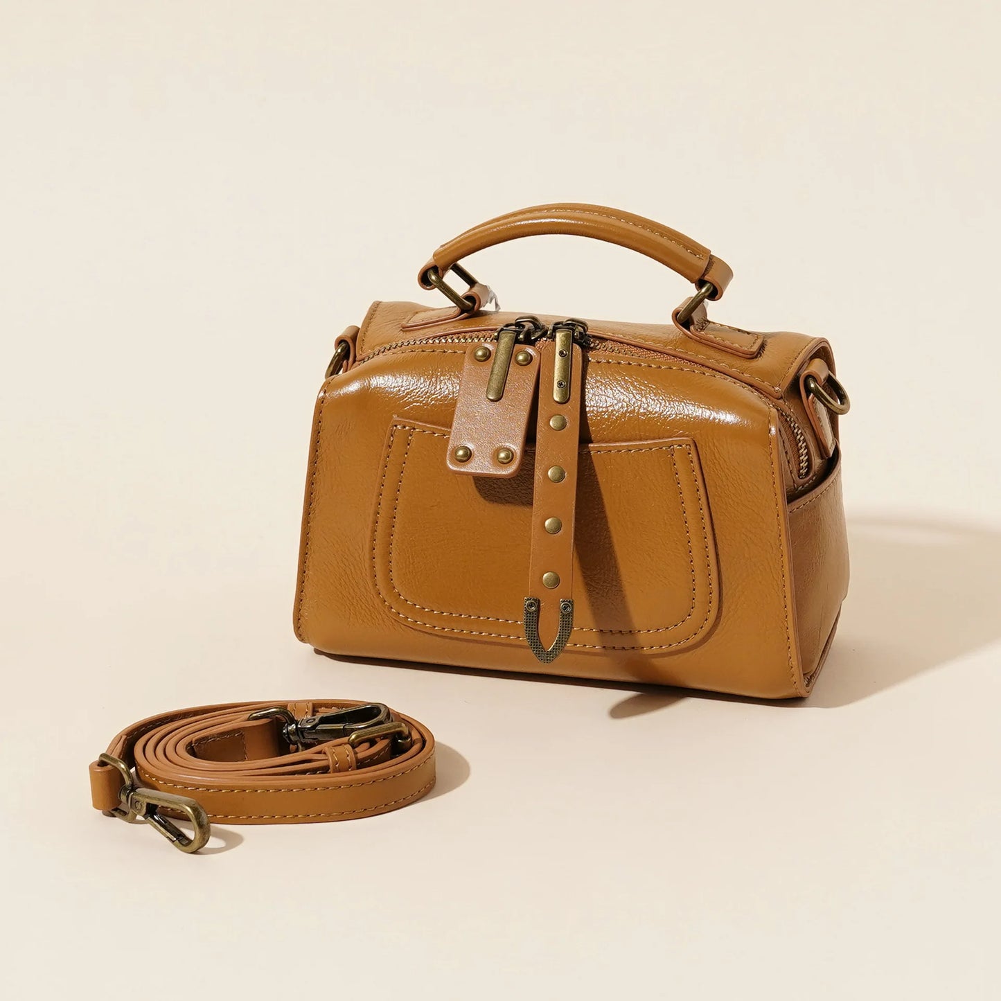 Spring Summer Genuine Leather Boston Pillow Bag Fashion Casual Handbag Vegetable Tanned Cowhide Shoulder Crossbody Bag for Women