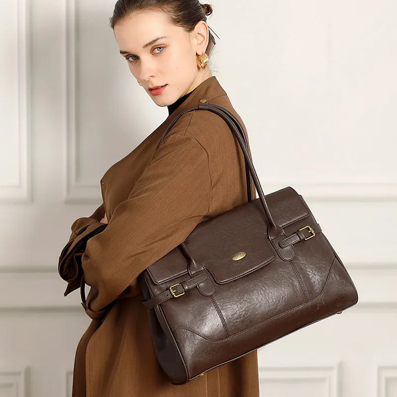 Minimal Top Layer Leather Large Capacity Tote Bag 2025 Vintage Work Handbag Shoulder Underarm Bag
