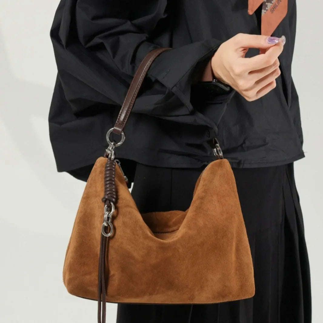 Genuine Leather Underarm Bag for Women 2025 Autumn Soft Suede Cowhide Shoulder Handbag Large Capacity Crossbody Bag