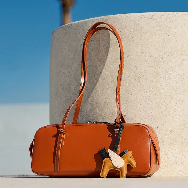 Genuine Leather Women Handbag Retro Bowling Bag Small Unique Vegetable Tanned Top Layer Cowhide Tote Bag