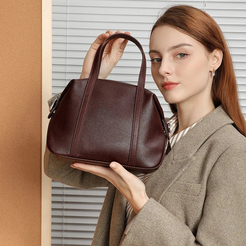 Women Genuine Leather Shoulder Bag 2025 Spring Summer Elegant Niche Boston Pillow Handbag Crossbody Bag