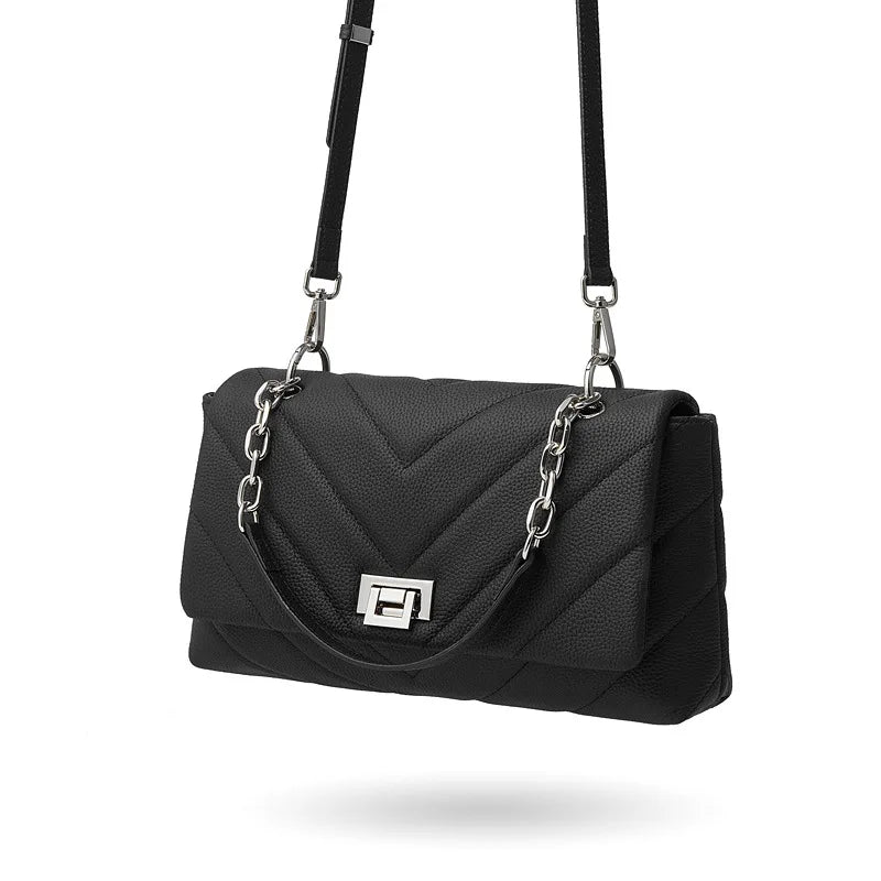 Genuine Leather Women's Shoulder Bag Natural Grain Chain Crossbody Bag Fashion Small Flap Handbag