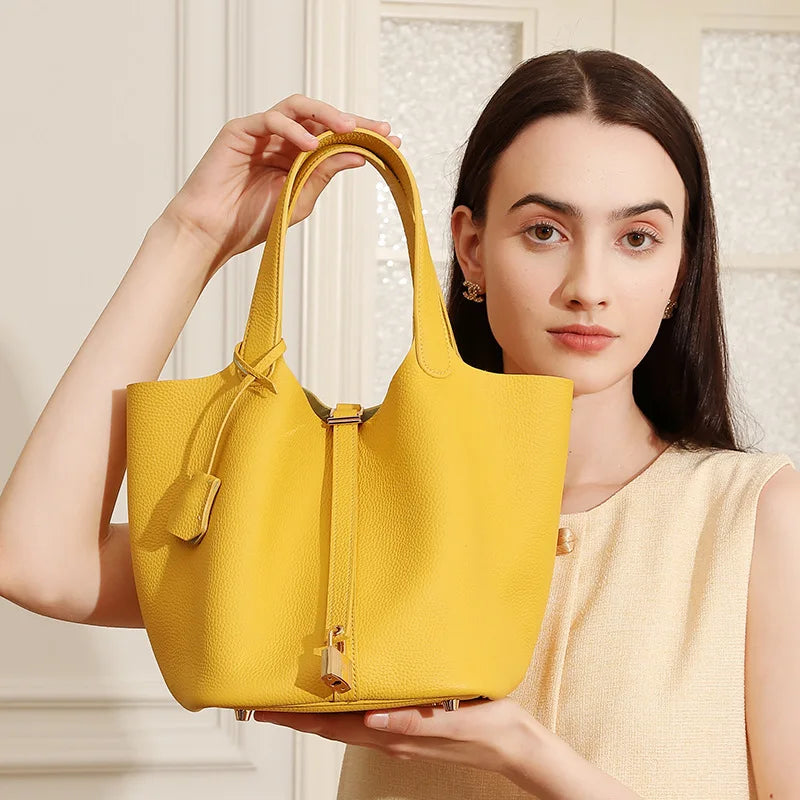 Large Genuine Leather Tote Bag High Quality First Layer Cowhide Elegant Bucket Handbag for Women 