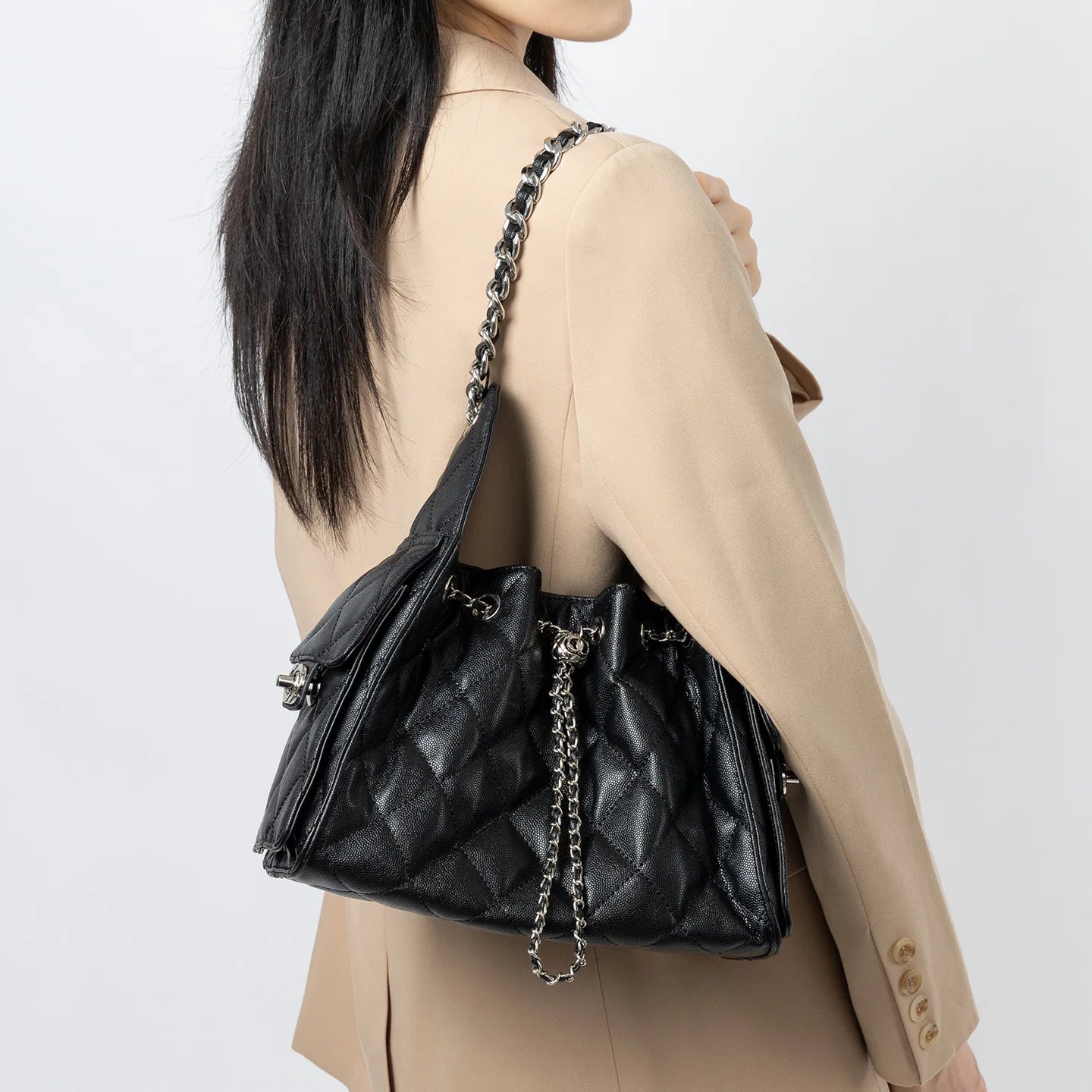 Quilted Genuine Leather Shoulder Bag Caviar Texture Large Capacity Hobo Bucket Drawstring Chain Crossbody Bag for Women 