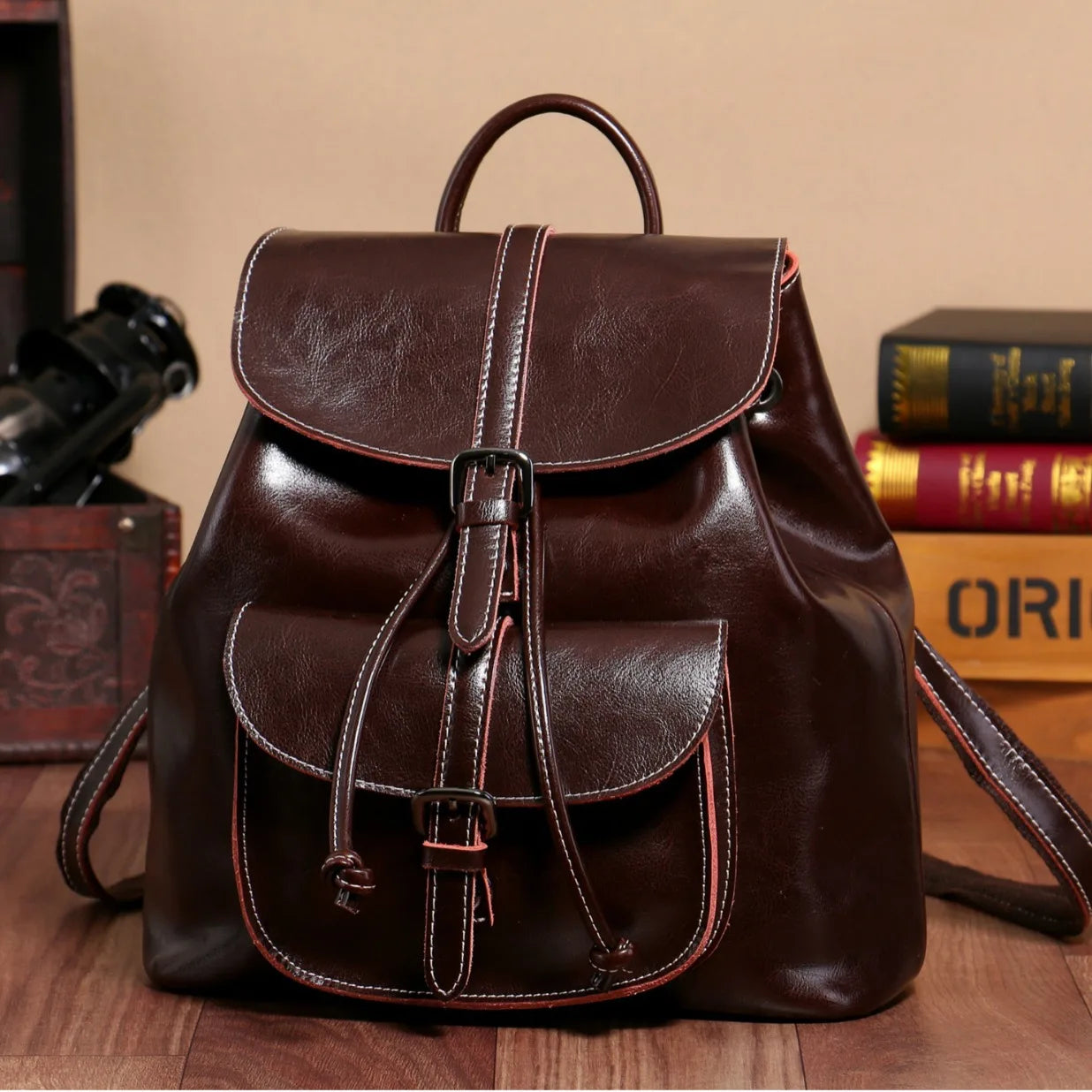 2025 New Street Style Genuine Leather Solid Color Backpack for Women with Stitching Design