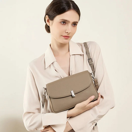 Genuine Leather Crossbody Bag Women's Fashion Handbag Lychee Pattern Shoulder Bag Ladies Flip Bag Two Shoulder Straps