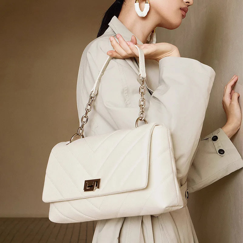 Genuine Leather Women's Shoulder Bag Natural Grain Chain Crossbody Bag Fashion Small Flap Handbag