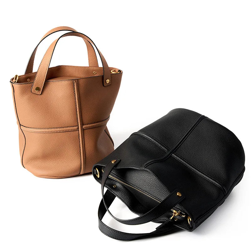 2024 Early Autumn Genuine Leather Bucket Bag Large Capacity Elegant Shoulder Crossbody Bag for Commuting