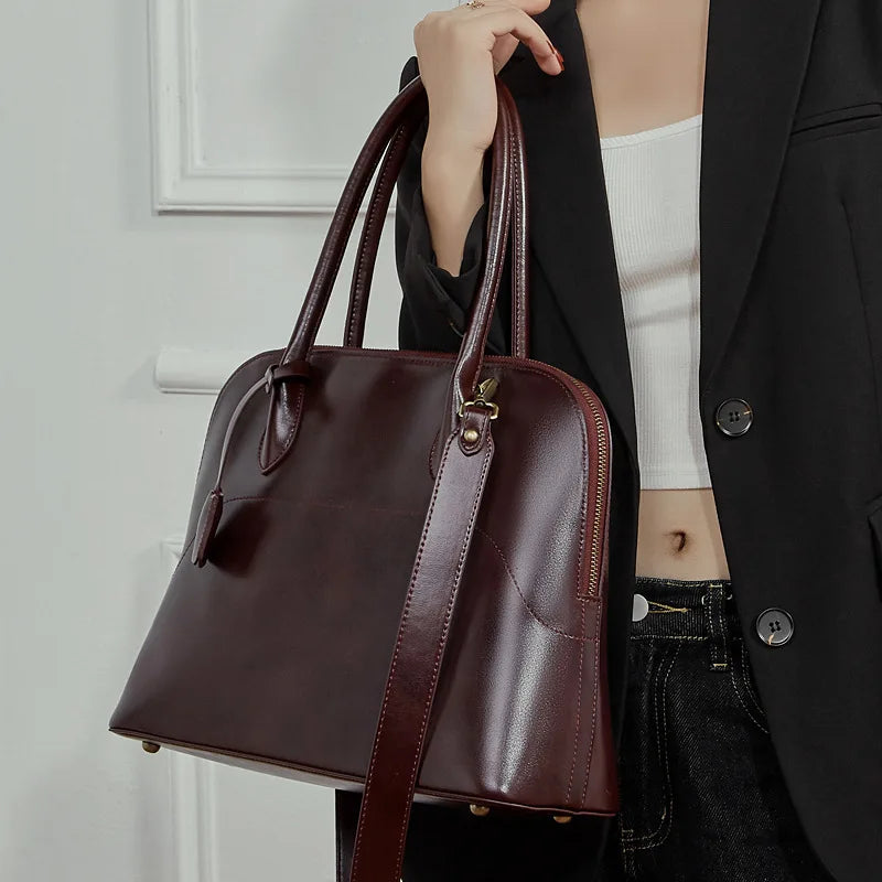 Luxury Handmade Genuine Swift Leather Shell Tote Bag Large Capacity Bowling Style Handbag for Women