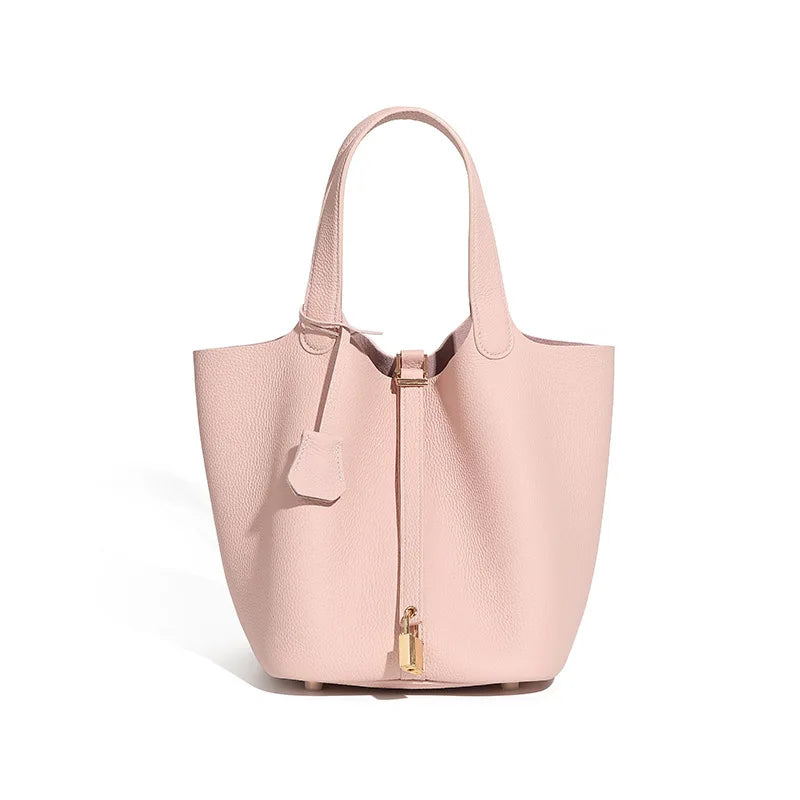 Large Genuine Leather Tote Bag High Quality First Layer Cowhide Elegant Bucket Handbag for Women 