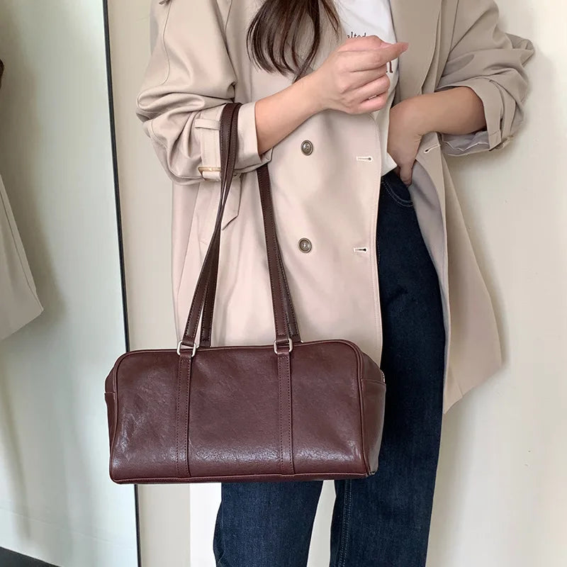 2025 New Leather Boston Bag Women Large Capacity Bowling Shoulder Handbag Minimalist Style
