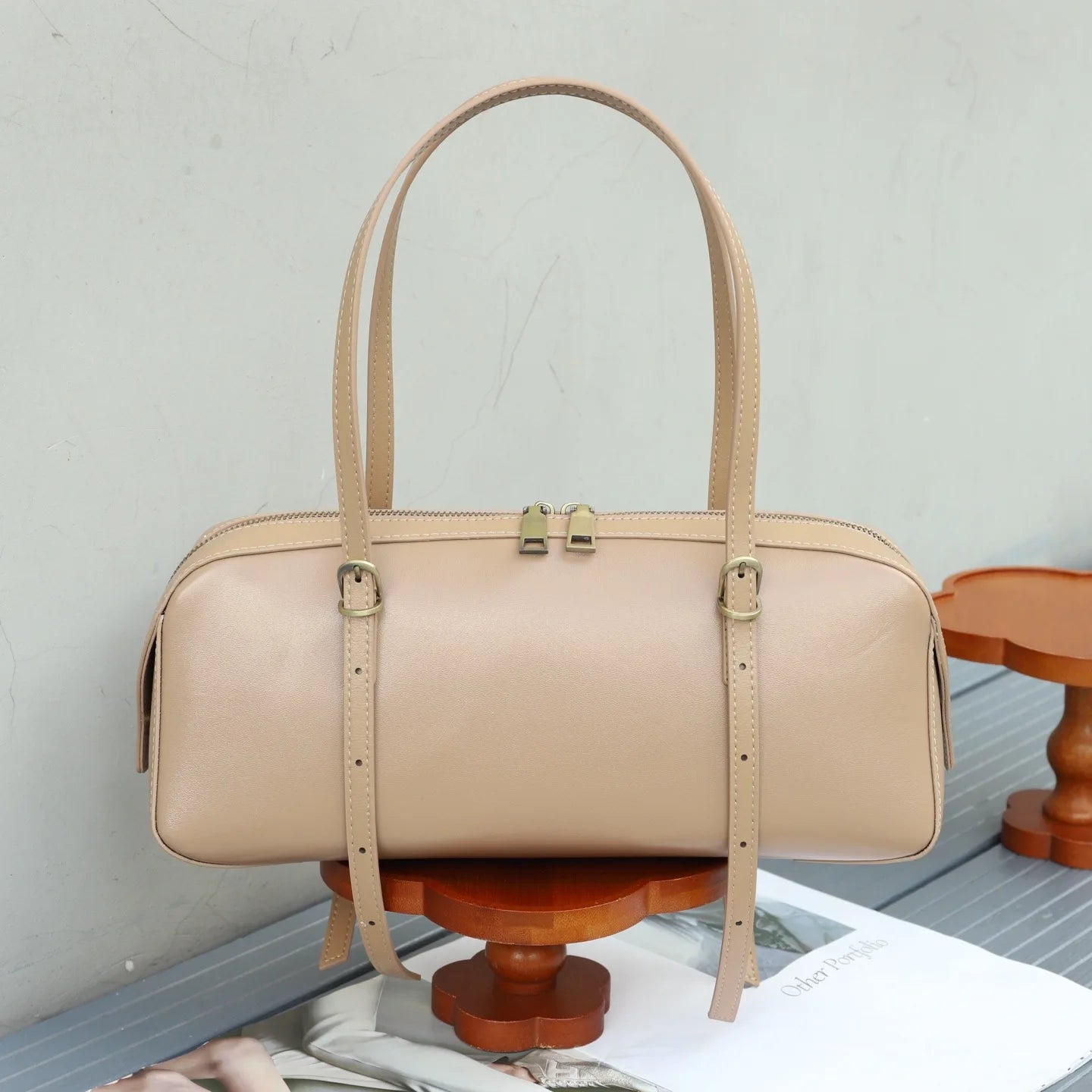 Genuine Leather Women Small Niche Vegetable Tanned Bowling Bag Simple Fashion Shoulder Crossbody Handbag 