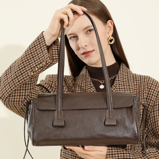 Cowhide Shoulder Bag Women's Genuine Leather Handbag Vegetable Tanned Baguette Ladies Underarm Pillow Bag