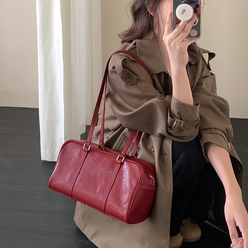 2025 New Leather Boston Bag Women Large Capacity Bowling Shoulder Handbag Minimalist Style