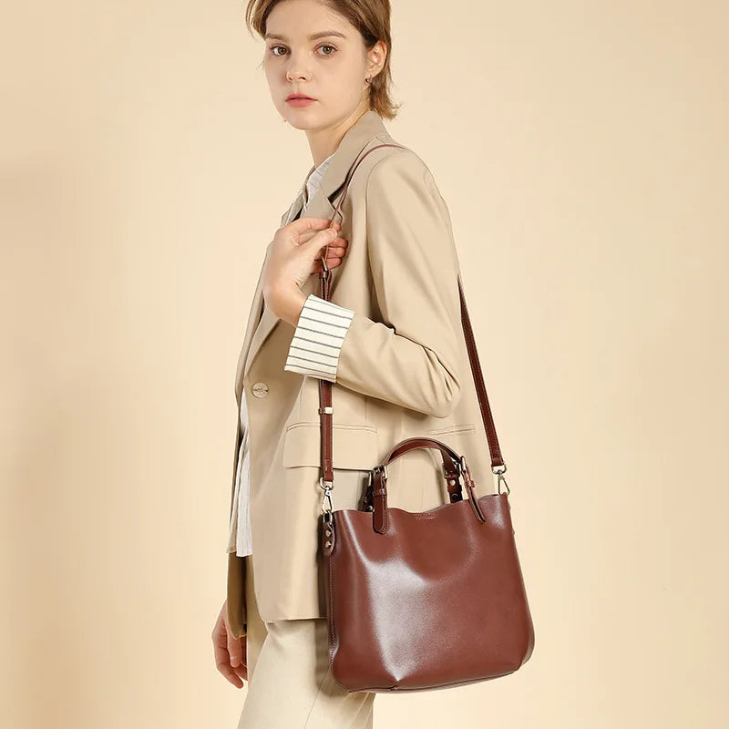 Genuine Leather Large Capacity Tote Bag Simple Commuter Shoulder Crossbody Handbag for Women