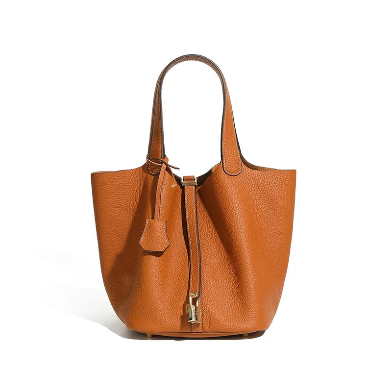 Large Genuine Leather Tote Bag High Quality First Layer Cowhide Elegant Bucket Handbag for Women 