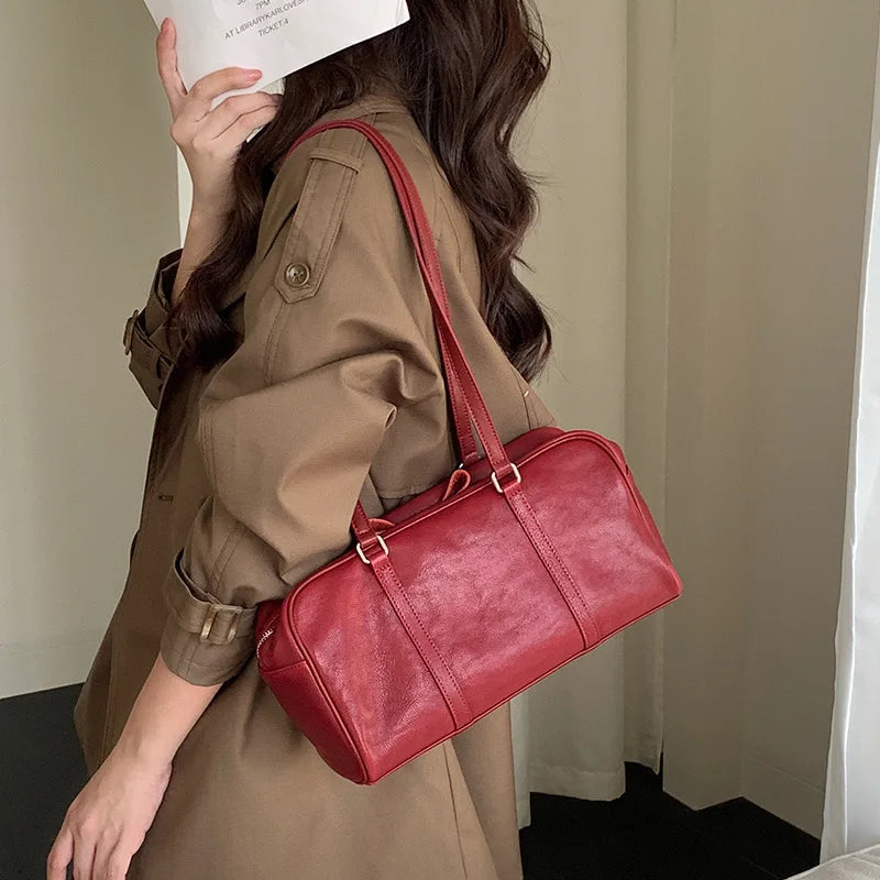 2025 New Leather Boston Bag Women Large Capacity Bowling Shoulder Handbag Minimalist Style