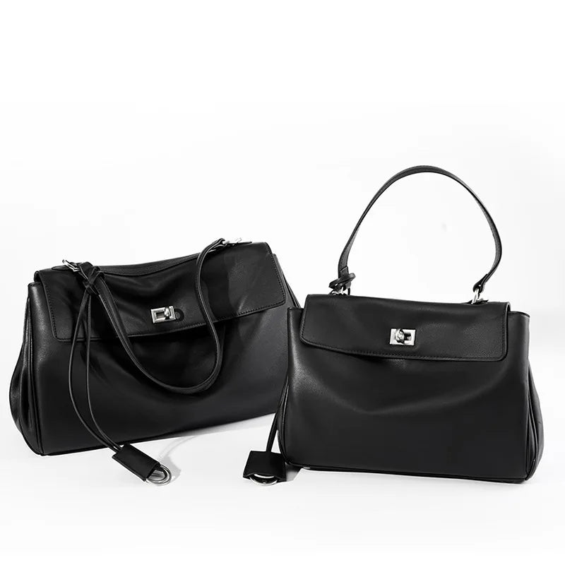 2025 New Large Capacity Smooth Calf Leather Shoulder Handbag with Lock Commuter Underarm Tote Bag