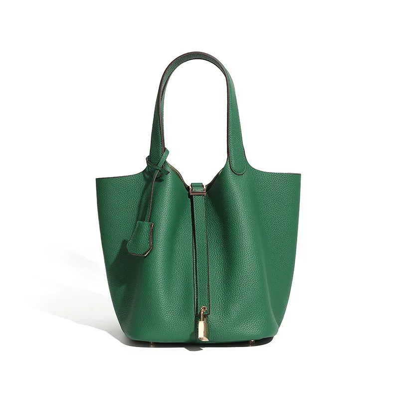 Large Genuine Leather Tote Bag High Quality First Layer Cowhide Elegant Bucket Handbag for Women 