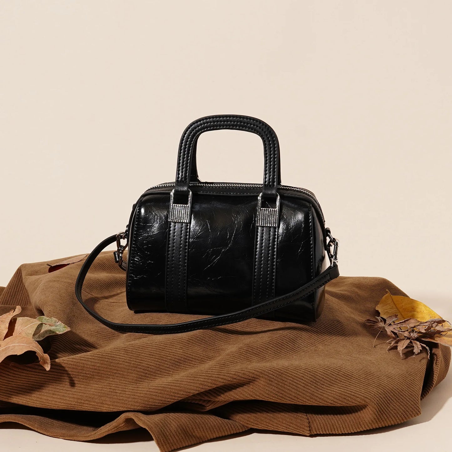 Genuine Leather Boston Bag for Women Top Layer Cowhide Shoulder Crossbody Handbag Simple Waxed Cracked Leather Tote