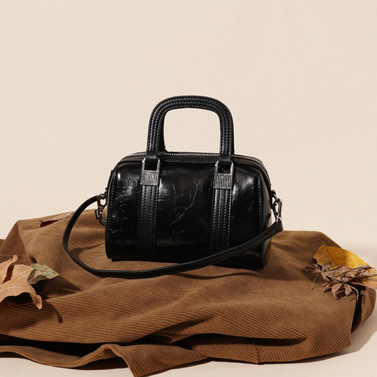 Genuine Leather Boston Bag for Women Top Layer Cowhide Shoulder Crossbody Handbag Simple Waxed Cracked Leather Tote