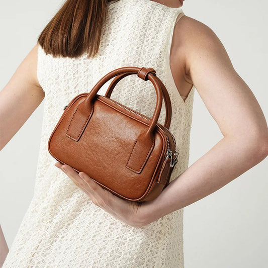 Bowling Style Leather Handbag Women Shoulder Bag Elegant Crossbody Bag Office Daily Use Tote