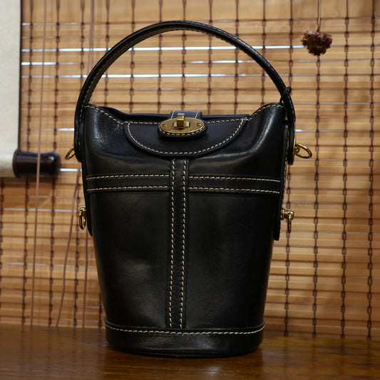 Vintage Bucket Bag Women's Genuine Leather Handbag Adjustable Shoulder Crossbody Bag Lady Top-Handle Bags Purses and Handbags
