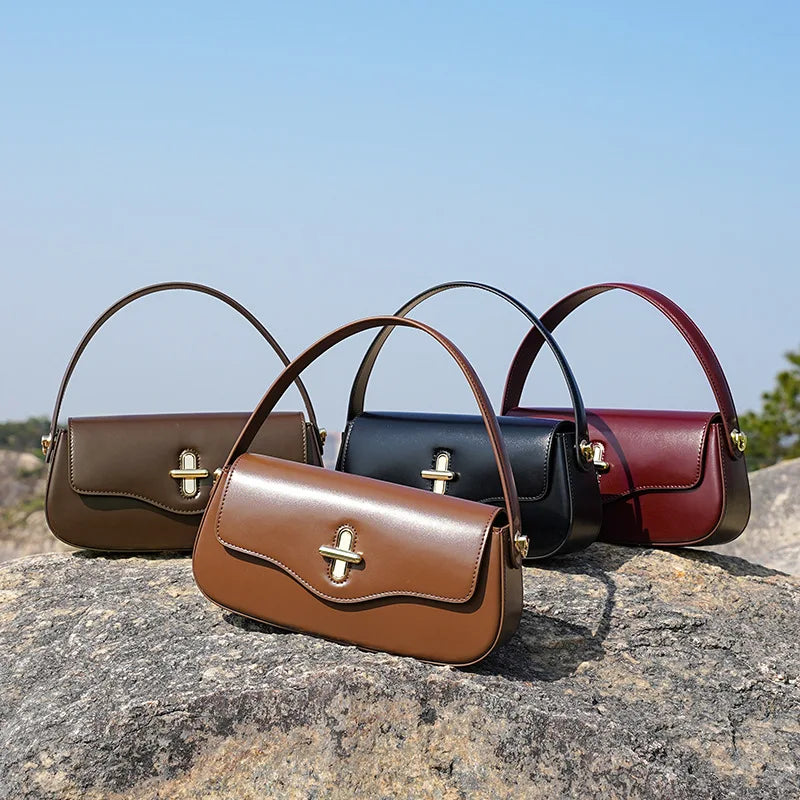 Korean Style Niche Design Genuine Leather Baguette Bag 2025 Women Elegant Shoulder Crossbody Underarm Handbag