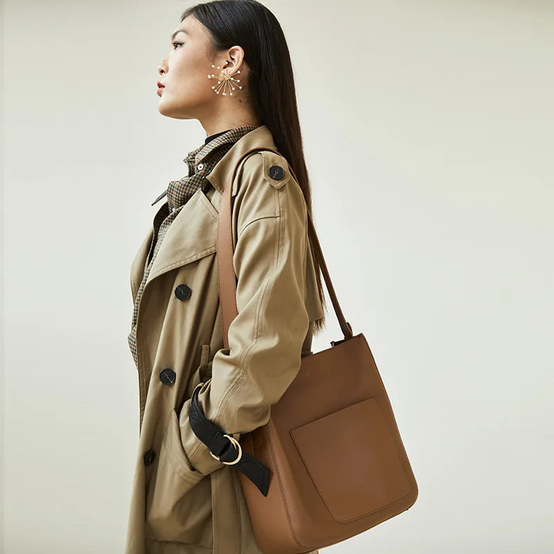 Hot Selling Women's Leather Crossbody Bucket Bag Retro Tote Large Capacity Office Handbag