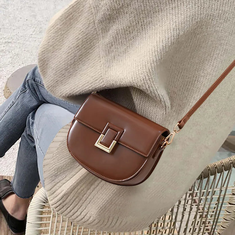 Saddle Crossbody Bag for Women 2025 New Fashion Genuine Leather Shoulder Bag Elegant Winter Handbag 