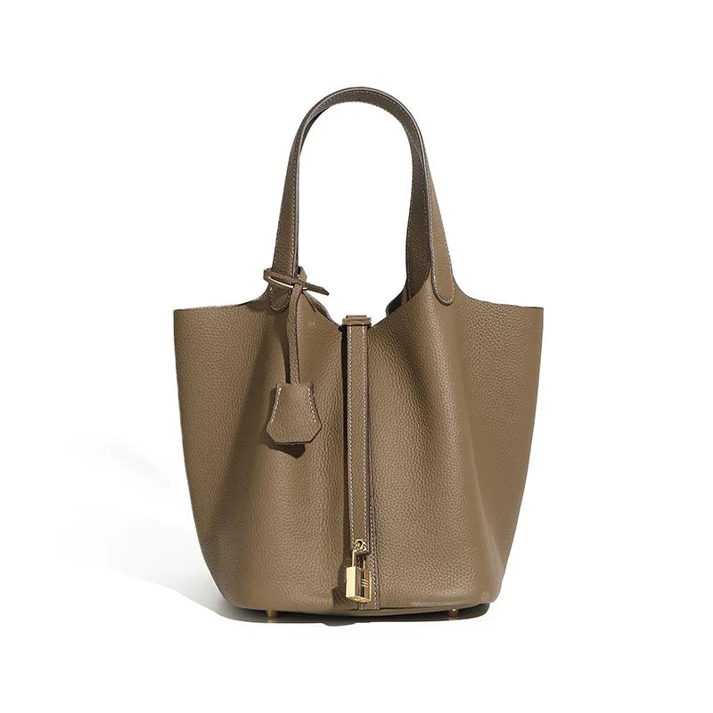 Large Genuine Leather Tote Bag High Quality First Layer Cowhide Elegant Bucket Handbag for Women 