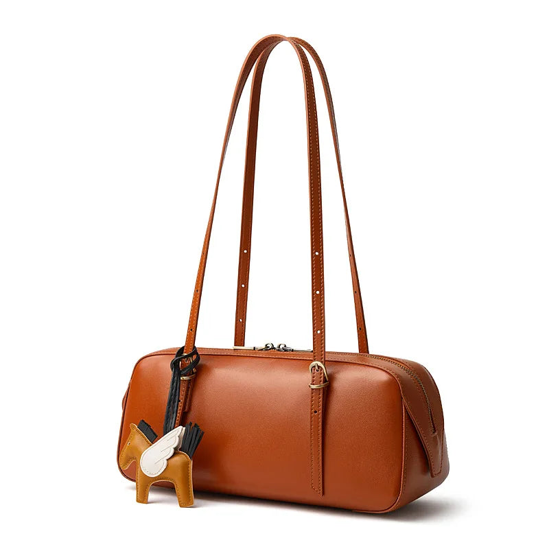 Genuine Leather Women Handbag Retro Bowling Bag Small Unique Vegetable Tanned Top Layer Cowhide Tote Bag