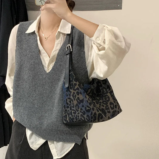 Denim Leopard Print Hobo Bag 2025 New Casual Crossbody Dumpling Shoulder Handbag Fashion Work Tote