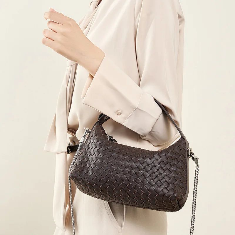 2025 New Woven Genuine Leather Dumpling Bag Soft Sheepskin Chain Crossbody Pillow Handbag for Women