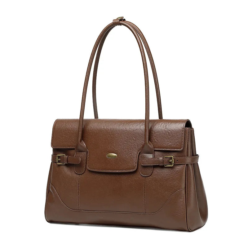 Minimal Top Layer Leather Large Capacity Tote Bag 2025 Vintage Work Handbag Shoulder Underarm Bag
