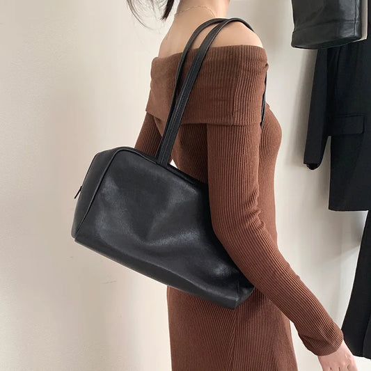 Minimal Vegetable-Tanned Leather Large Capacity Bowling Bag Women Genuine Leather Tote Shoulder Bag 2025 New Boston Bag