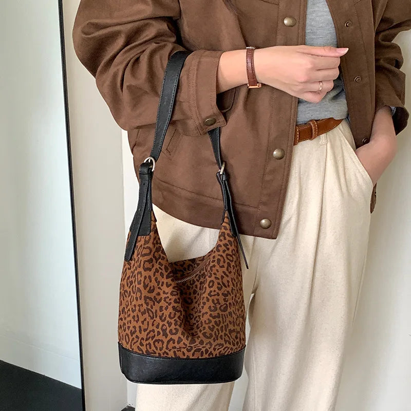 Wild Leopard Print Leather Bucket Bag 2025 New Suede Retro Genuine Leather Small Crossbody Bag for Women
