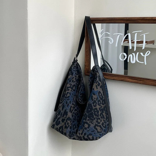 Black Leopard Print Bucket Bag for Women 2025 New Soft Denim Tote Large Capacity Shoulder Bag