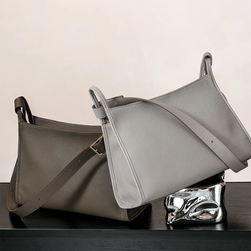 Simple Versatile Genuine Leather Women Handbag 2025 New First Layer Cowhide Tote Large Capacity Lychee Grain Shoulder Bag