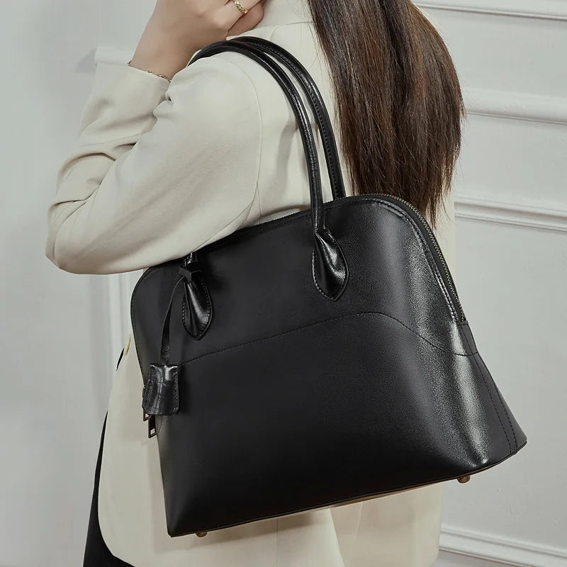 Luxury Handmade Genuine Swift Leather Shell Tote Bag Large Capacity Bowling Style Handbag for Women