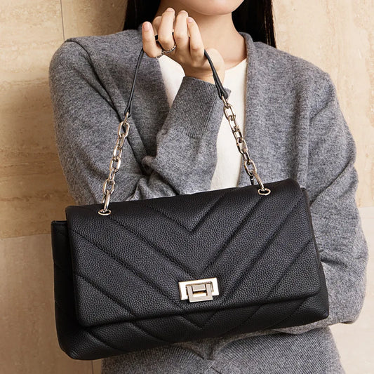 Genuine Leather Women's Shoulder Bag Natural Grain Chain Crossbody Bag Fashion Small Flap Handbag