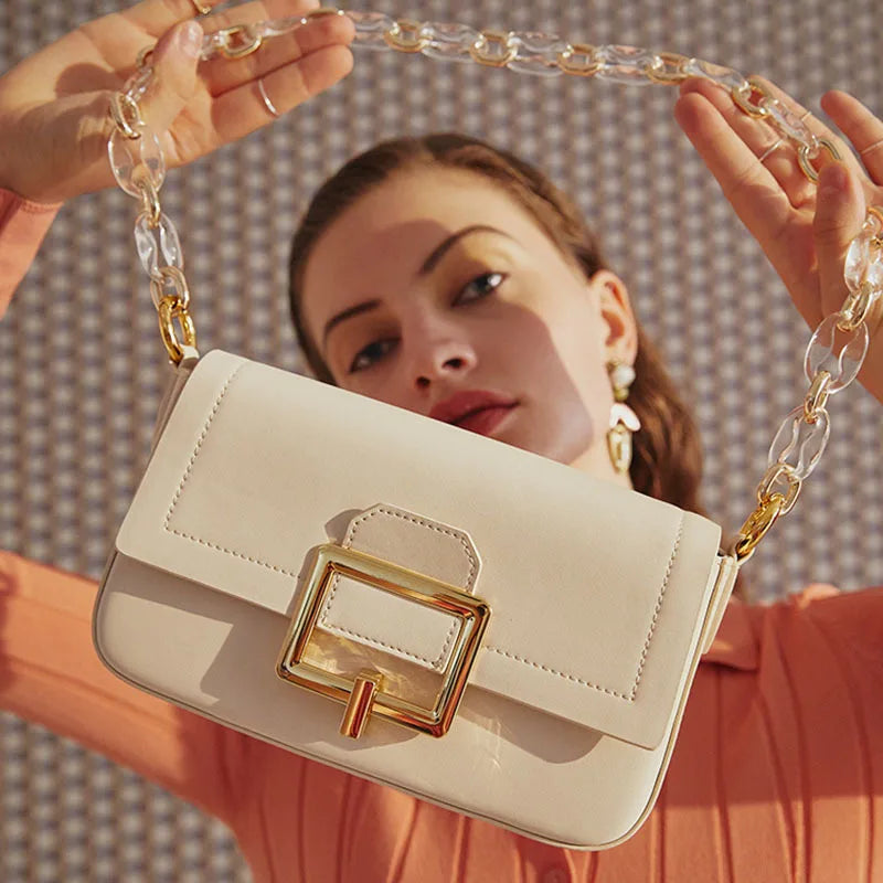 2025 New Spring Summer French Style Niche Design Genuine Leather Shoulder Crossbody Small Square Chain Underarm Bag