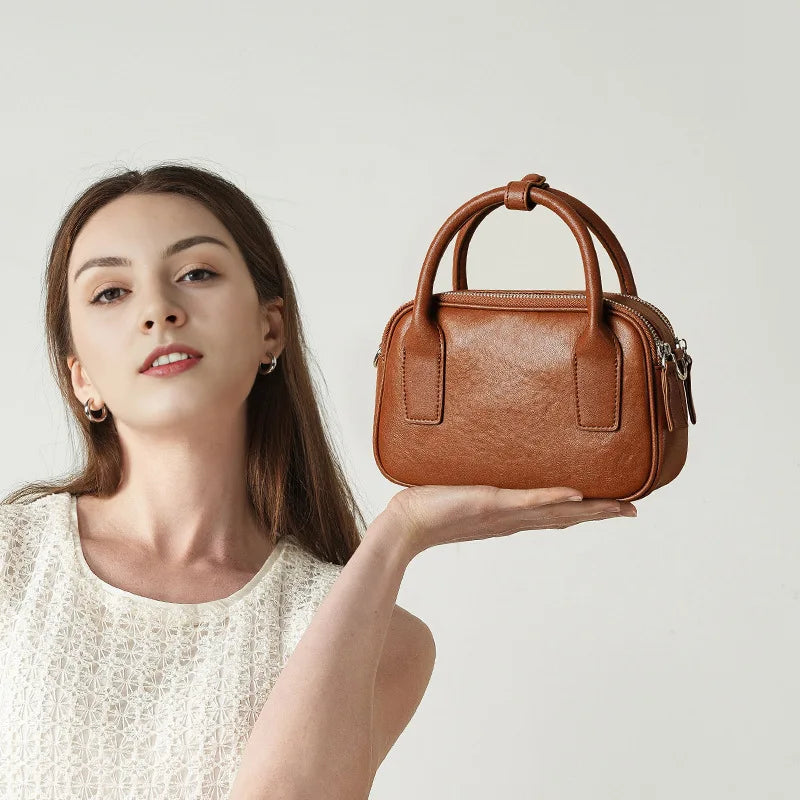 Bowling Style Leather Handbag Women Shoulder Bag Elegant Crossbody Bag Office Daily Use Tote