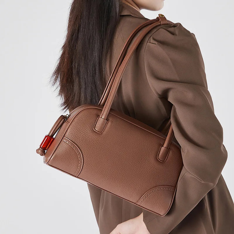 Women Vintage Genuine Leather Handbag Large Capacity Shoulder Underarm Tote Bowling Bag for Daily Use