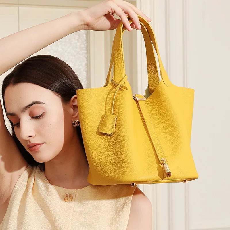 Large Genuine Leather Tote Bag High Quality First Layer Cowhide Elegant Bucket Handbag for Women 