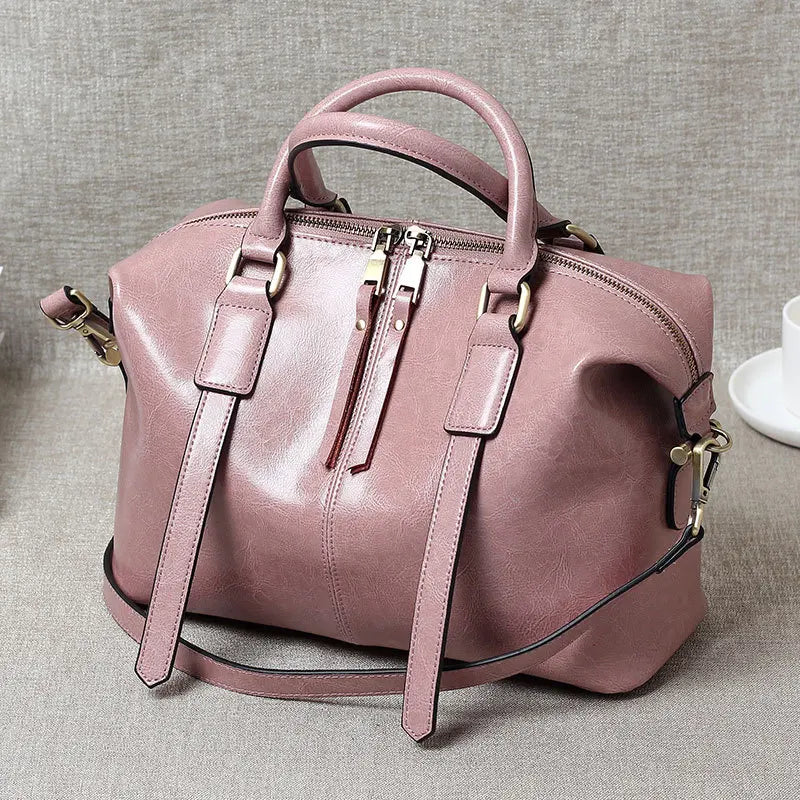 2025 Retro Leather Handbag Women Boston Bag Genuine Leather Shoulder Crossbody Large Tote Bag