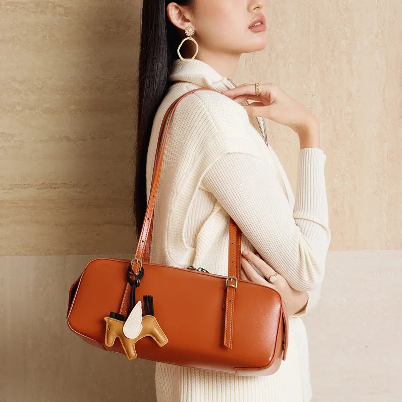 Genuine Leather Women Handbag Retro Bowling Bag Small Unique Vegetable Tanned Top Layer Cowhide Tote Bag