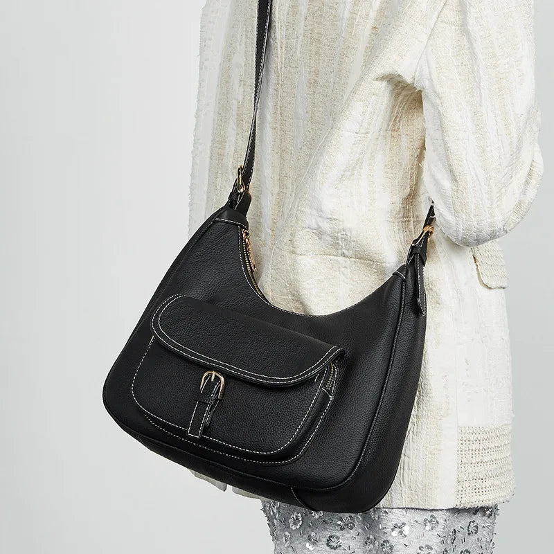 Genuine Leather Shoulder Tote Bag for Women Large Capacity Underarm Saddle Bag Office Commuter Handbag
