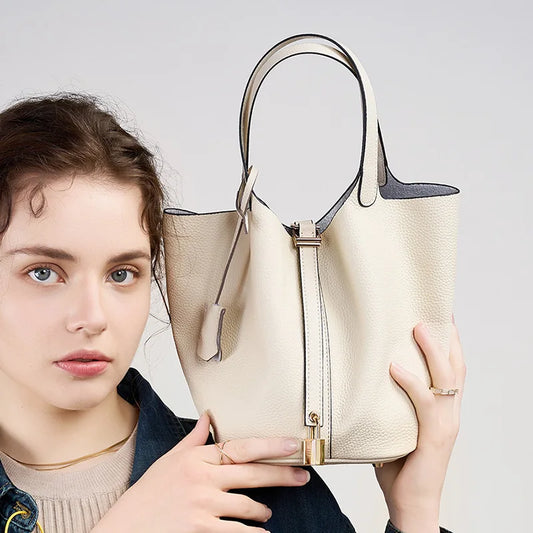 Lychee Pattern Bucket Bag Women's Genuine Leather Handbag Ladies Vegetable Basket Bag Soft Handbag