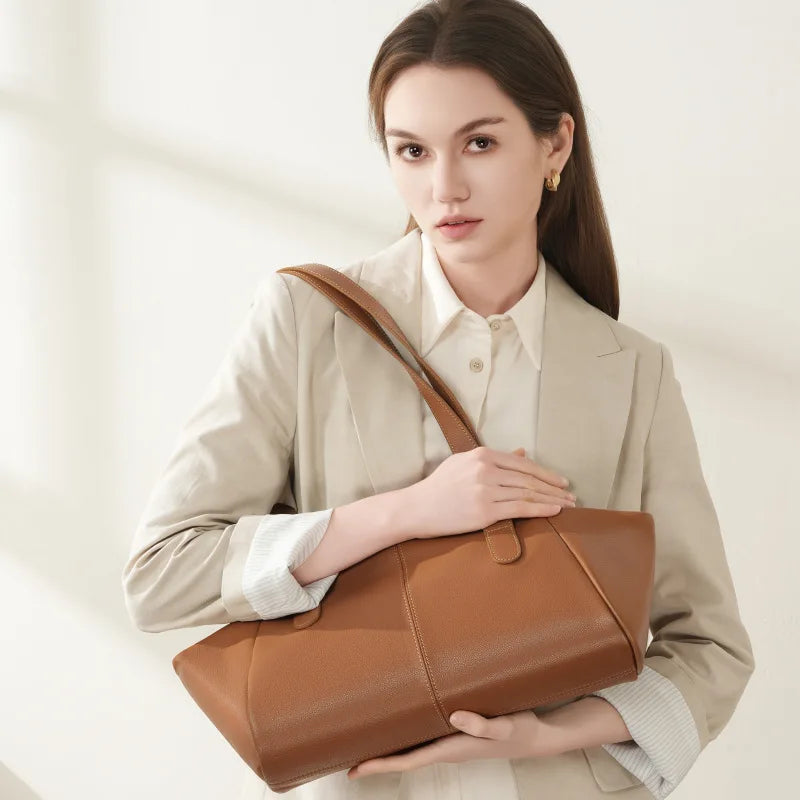 Genuine Leather Tote Bag for Women 2025 Fashion Simple Niche Pleated Wing Bag Large Capacity Commuter Handbag
